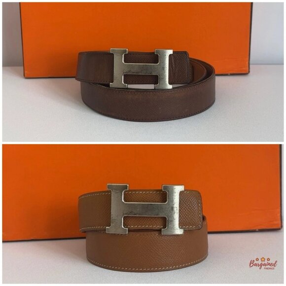 Authentic HERMES Brown Leather H Silver Reversible Buckle Belt B 100 main image 10